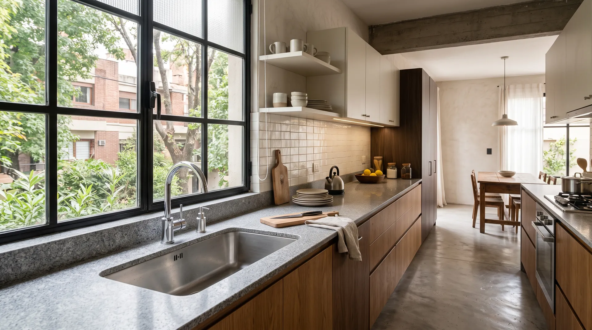 Cocina con mesada de granito gris y bacha de acero bajo mesada