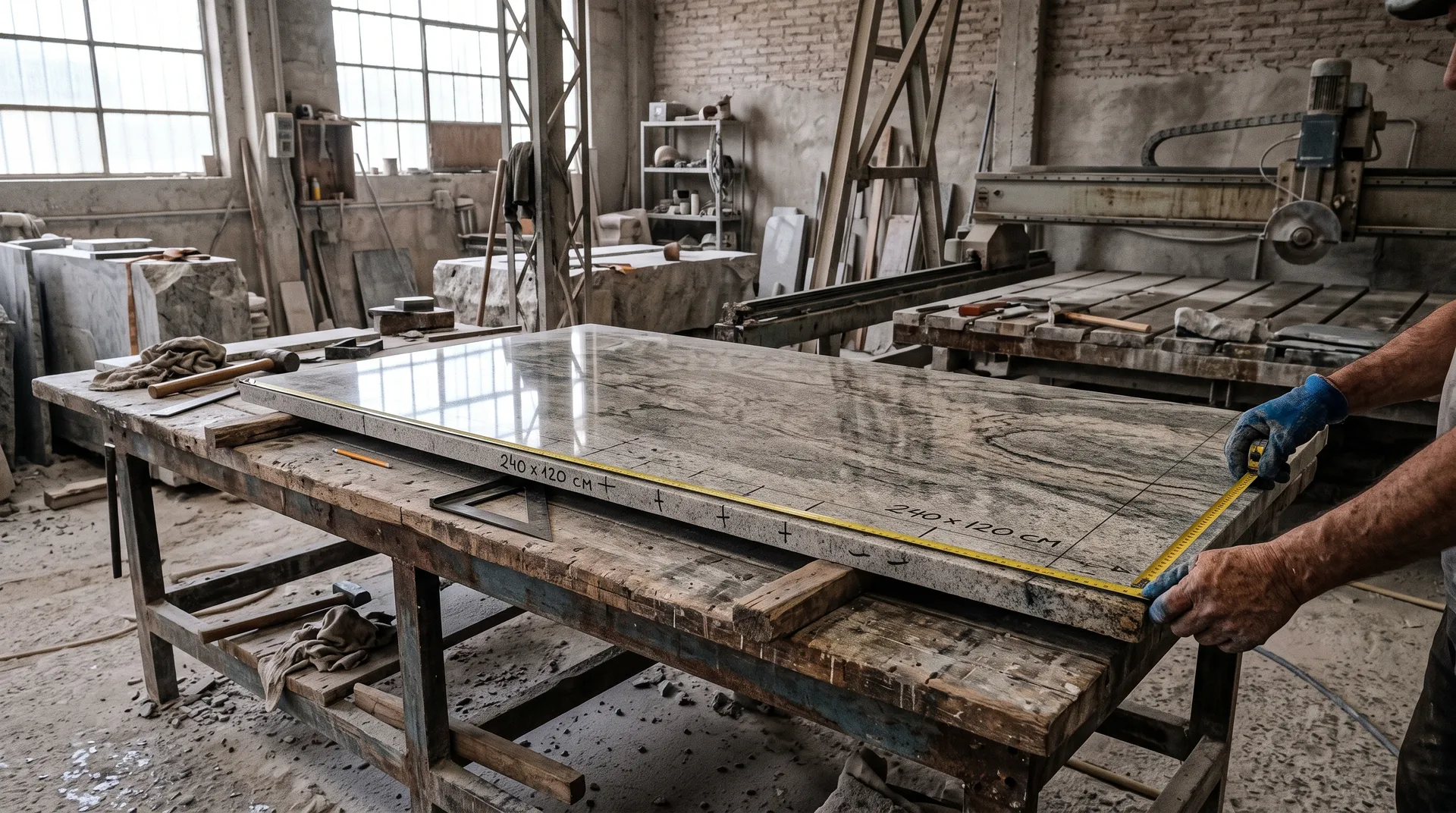 Placa de granito sobre la mesa de corte de un taller, con cinta métrica y marcas de medida