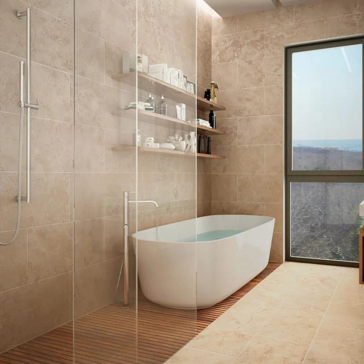 Baño con bañera y revestimiento de mármol travertino